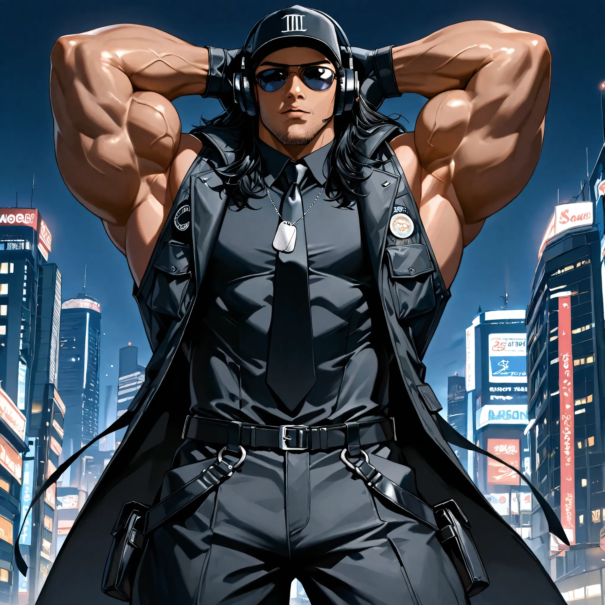 strong bulky southeast asian man, brown skin, biceps, long black lion mane hair, stubble beard, sunglasses, sleeveless black collared turtleneck, sleeveless black cargo jacket, coattails, black baseball hat, dog tag, black necktie underneath, fingerless gl...