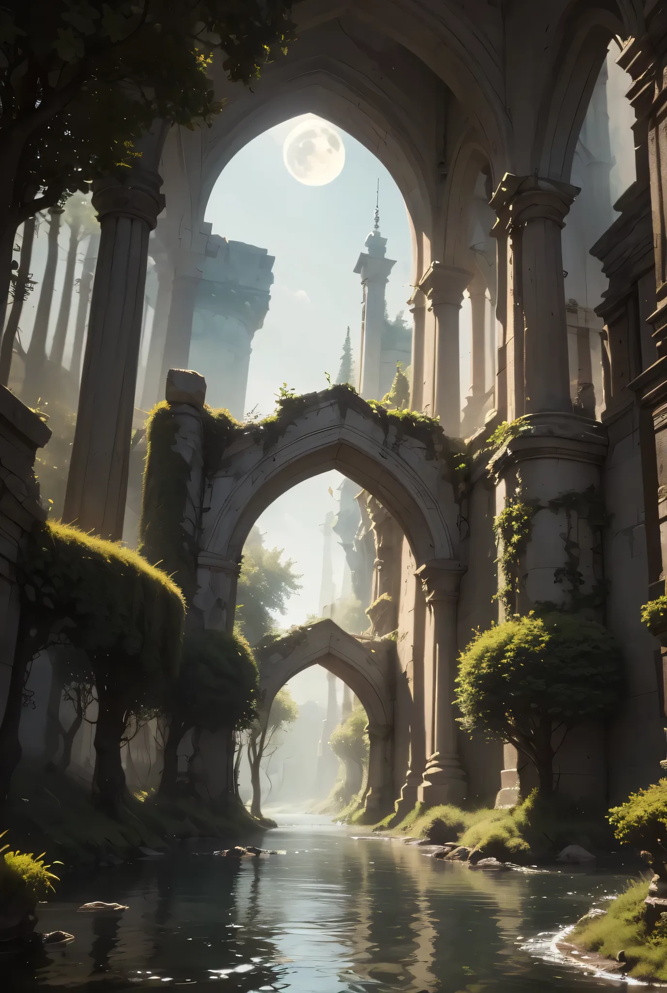 The Eldoria River flows slowly and majestically on a full moon night, reflecting an unreal silver light. Its waters wind through enchanted forests with branches intertwined like natural cathedrals, and the ruins of forgotten cities, half-submerged and cove...