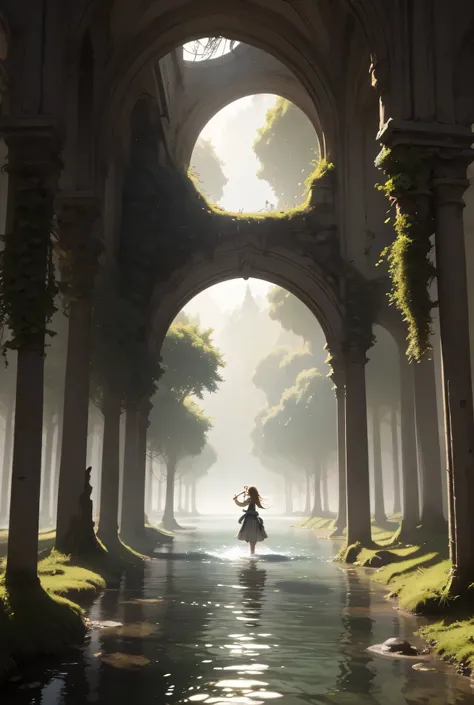The Eldoria River flows slowly and majestically on a full moon night, reflecting an unreal silver light. Its waters wind through enchanted forests with branches intertwined like natural cathedrals, and the ruins of forgotten cities, half-submerged and cove...