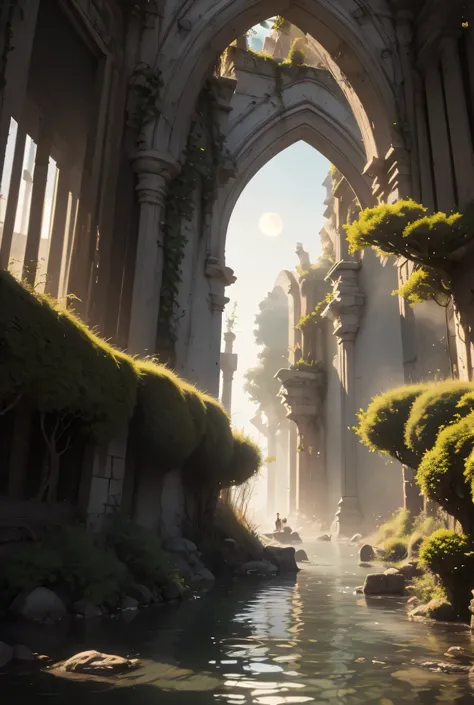 The Eldoria River flows slowly and majestically on a full moon night, reflecting an unreal silver light. Its waters wind through enchanted forests with branches intertwined like natural cathedrals, and the ruins of forgotten cities, half-submerged and cove...