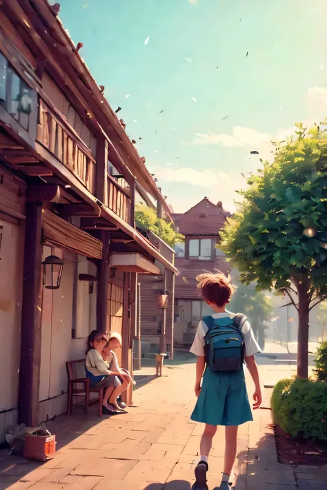 A contemporary city at dusk, with the streetlights reflecting on the rain-soaked asphalt. A group of boys and girls walk through the streets of the center, some smiling, others looking at the windows with a dreamy expression. They wear modern clothes, head...