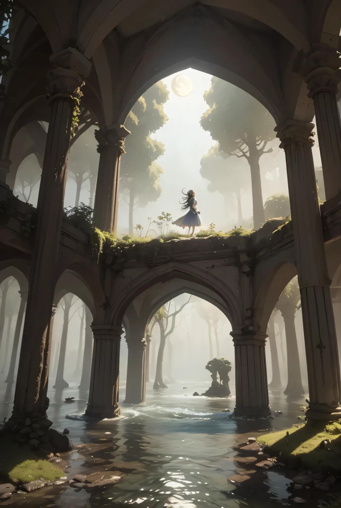 The Eldoria River flows slowly and majestically on a full moon night, reflecting an unreal silver light. Its waters wind through enchanted forests with branches intertwined like natural cathedrals, and the ruins of forgotten cities, half-submerged and cove...