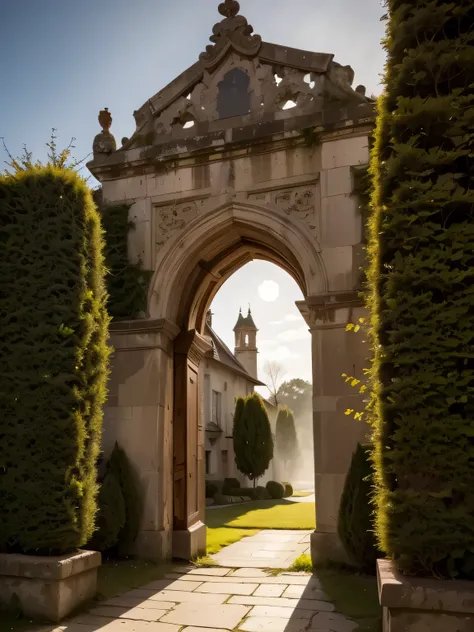 An enchanted landscape with a mysterious forest, illuminated by a magical light that filters through the trees. In the center, an ancient castle shrouded in a light mist, with intricate details such as towers, gothic windows and a drawbridge. Magical creat...