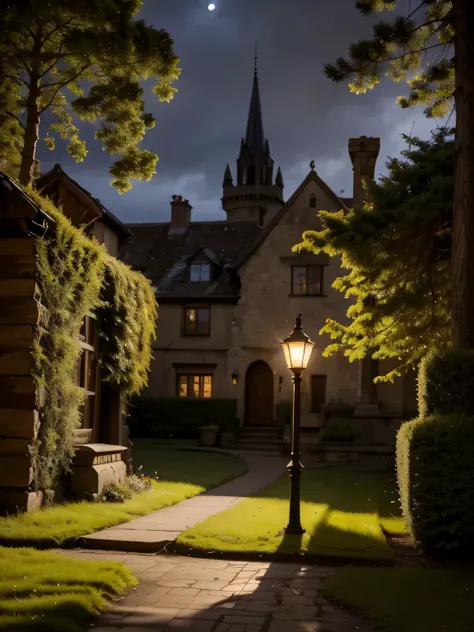 An enchanted landscape with a mysterious forest, illuminated by a magical light that filters through the trees. In the center, an ancient castle shrouded in a light mist, with intricate details such as towers, gothic windows and a drawbridge. Magical creat...