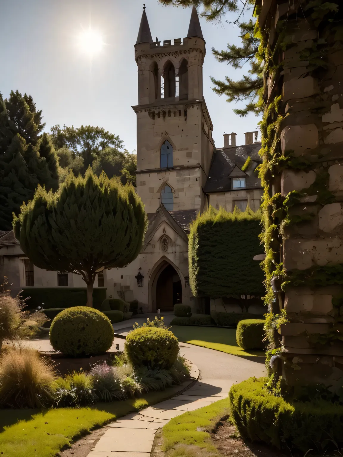 An enchanted landscape with a mysterious forest, illuminated by a magical light that filters through the trees. In the center, an ancient castle shrouded in a light mist, with intricate details such as towers, gothic windows and a drawbridge. Magical creat...
