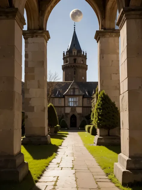 An enchanted landscape with a mysterious forest, illuminated by a magical light that filters through the trees. In the center, an ancient castle shrouded in a light mist, with intricate details such as towers, gothic windows and a drawbridge. Magical creat...