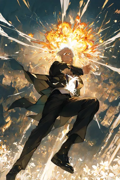 masterpiece, best quality,1 old man butler,best quality,heroic pose,dynamic angle,dynamic house background,with epic effect, high angle shot,like CCTV footage, outward flow of magic or particles, Flower visual explosion of White,Flower waves expanding ...