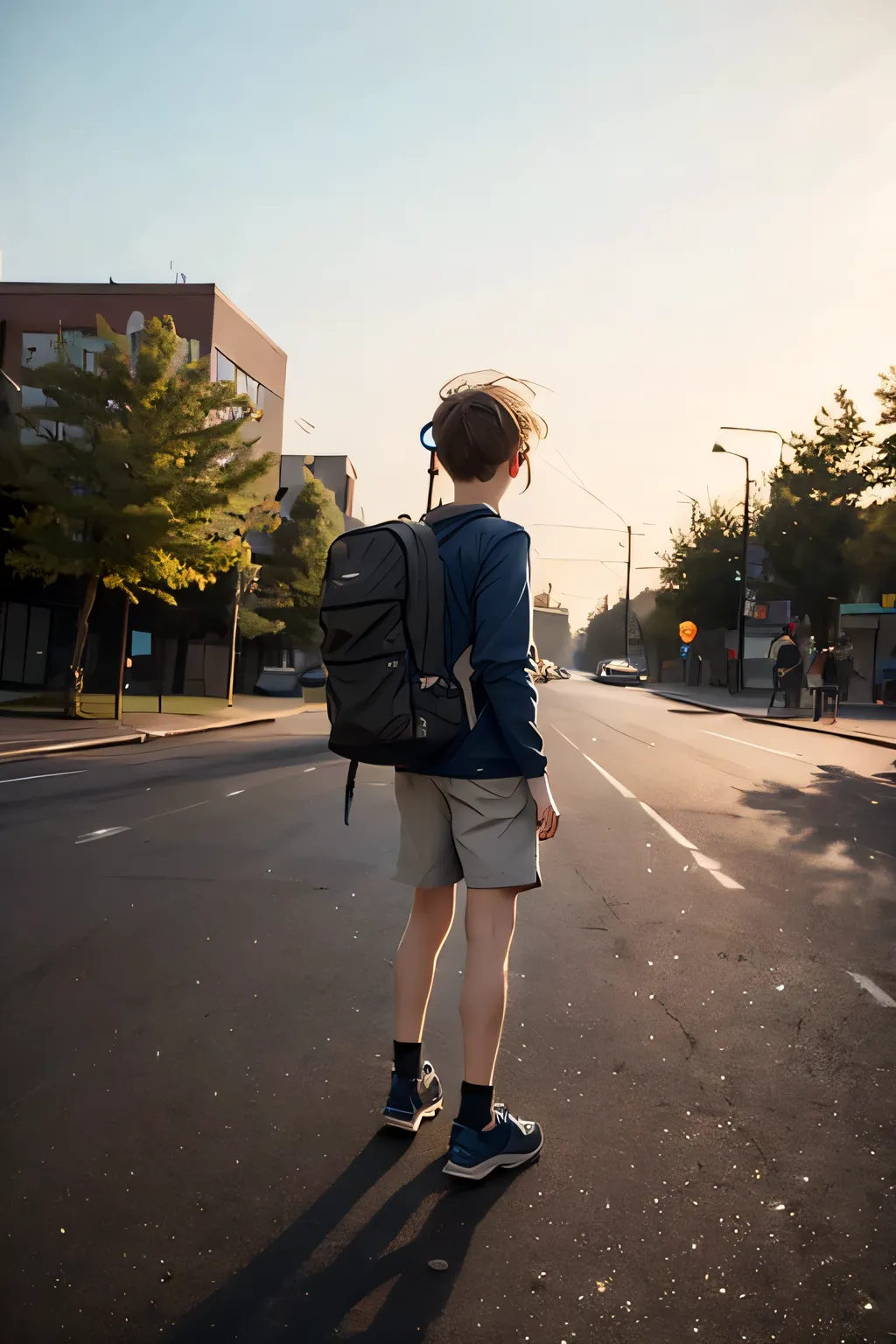 A contemporary city at dusk, with the streetlights reflecting on the rain-soaked asphalt. A group of boys and girls walk through the streets of the center, some smiling, others looking at the windows with a dreamy expression. They wear modern clothes, head...