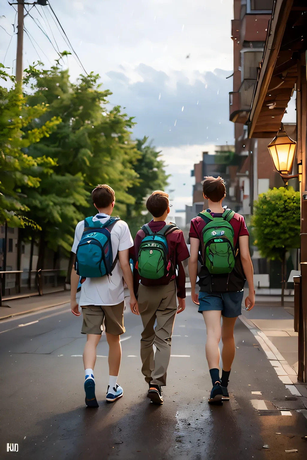 A contemporary city at dusk, with the streetlights reflecting on the rain-soaked asphalt. A group of boys and girls walk through the streets of the center, some smiling, others looking at the windows with a dreamy expression. They wear modern clothes, head...