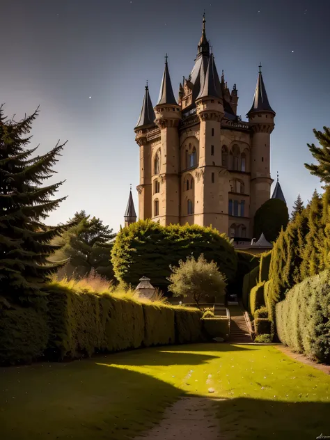 An enchanted landscape with a mysterious forest, illuminated by a magical light that filters through the trees. In the center, an ancient castle shrouded in a light mist, with intricate details such as towers, gothic windows and a drawbridge. Magical creat...