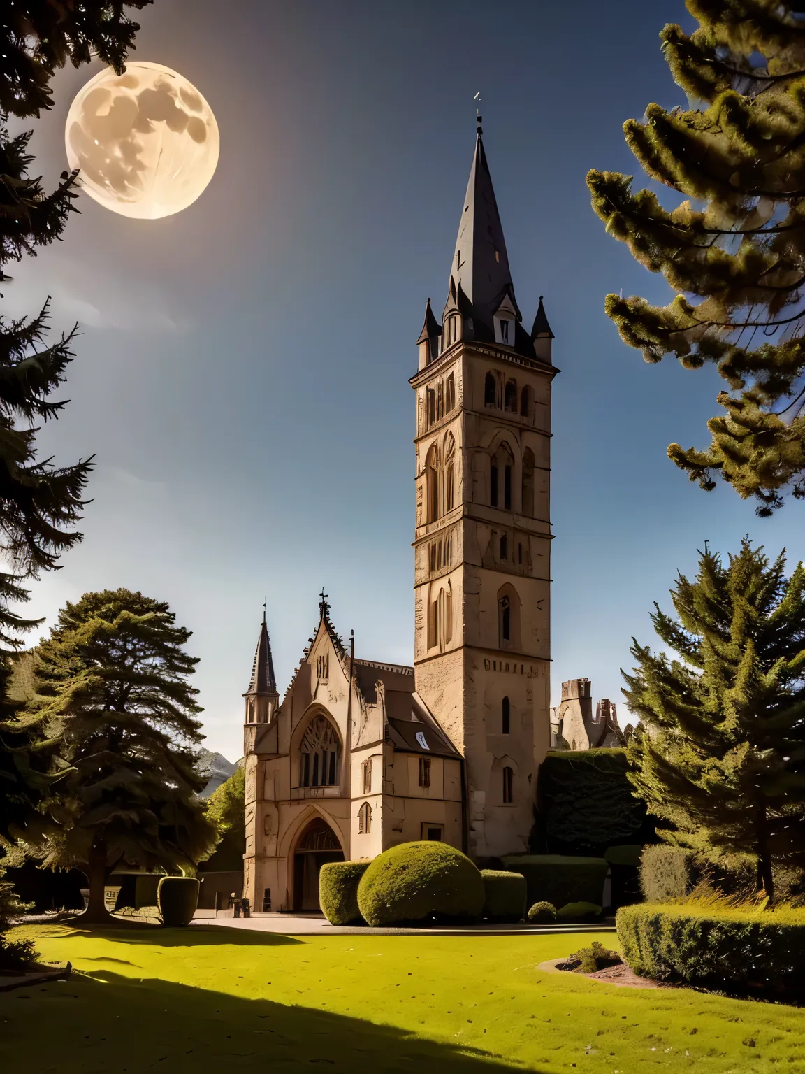 An enchanted landscape with a mysterious forest, illuminated by a magical light that filters through the trees. In the center, an ancient castle shrouded in a light mist, with intricate details such as towers, gothic windows and a drawbridge. Magical creat...
