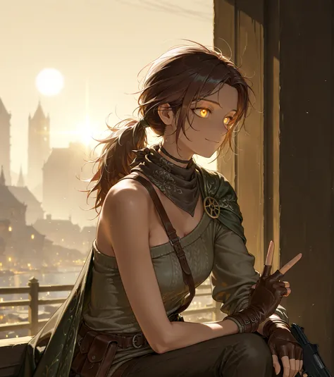 backlighting, warm lighting, scenery, accented lights, 1girl, solo, A medium shot of a young adult, bright soft smile, amber eyes, dark brown hair, parted hair, messy hair, ponytail, exposed shoulders, bandana on her neck, sweater, peace sign, vibrant colo...