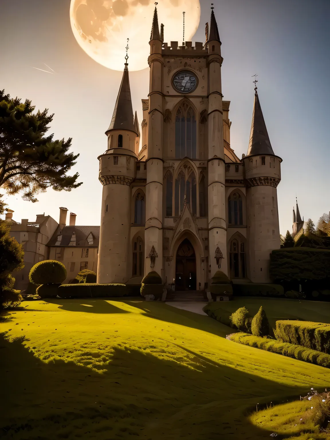 An enchanted landscape with a mysterious forest, illuminated by a magical light that filters through the trees. In the center, an ancient castle shrouded in a light mist, with intricate details such as towers, gothic windows and a drawbridge. Magical creat...