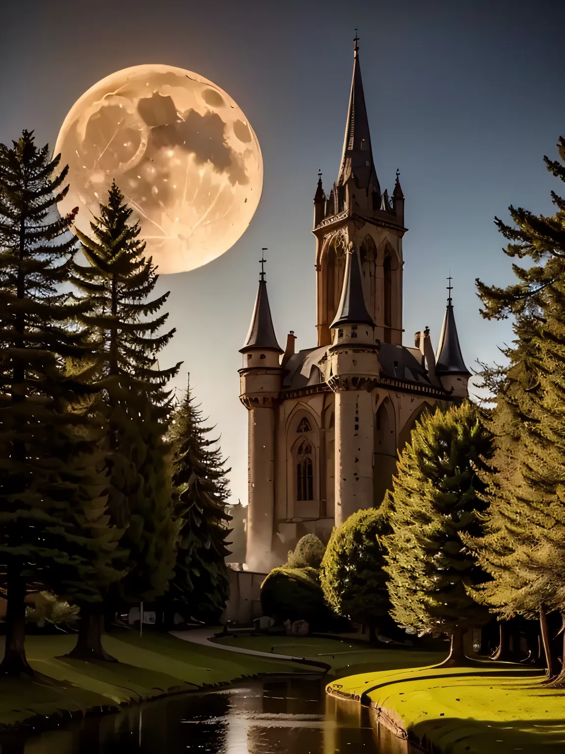 An enchanted landscape with a mysterious forest, illuminated by a magical light that filters through the trees. In the center, an ancient castle shrouded in a light mist, with intricate details such as towers, gothic windows and a drawbridge. Magical creat...