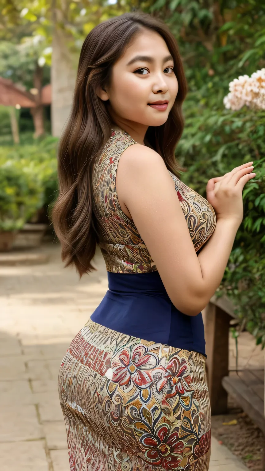 A hyper-realistic side-shot full-body portrait of a stunning Burmese girl standing elegantly in a vibrant flower park, emphasizing her perfect hourglass figure and well-defined, round buttocks. She is wearing a traditional Myanmar outfit in deep navy blue,...