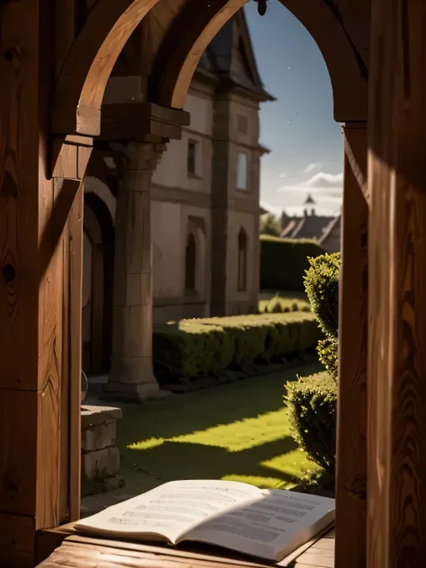 An enchanted landscape with a mysterious forest, illuminated by a magical light that filters through the trees. In the center, an ancient castle shrouded in a light mist, with intricate details such as towers, gothic windows and a drawbridge. Magical creat...