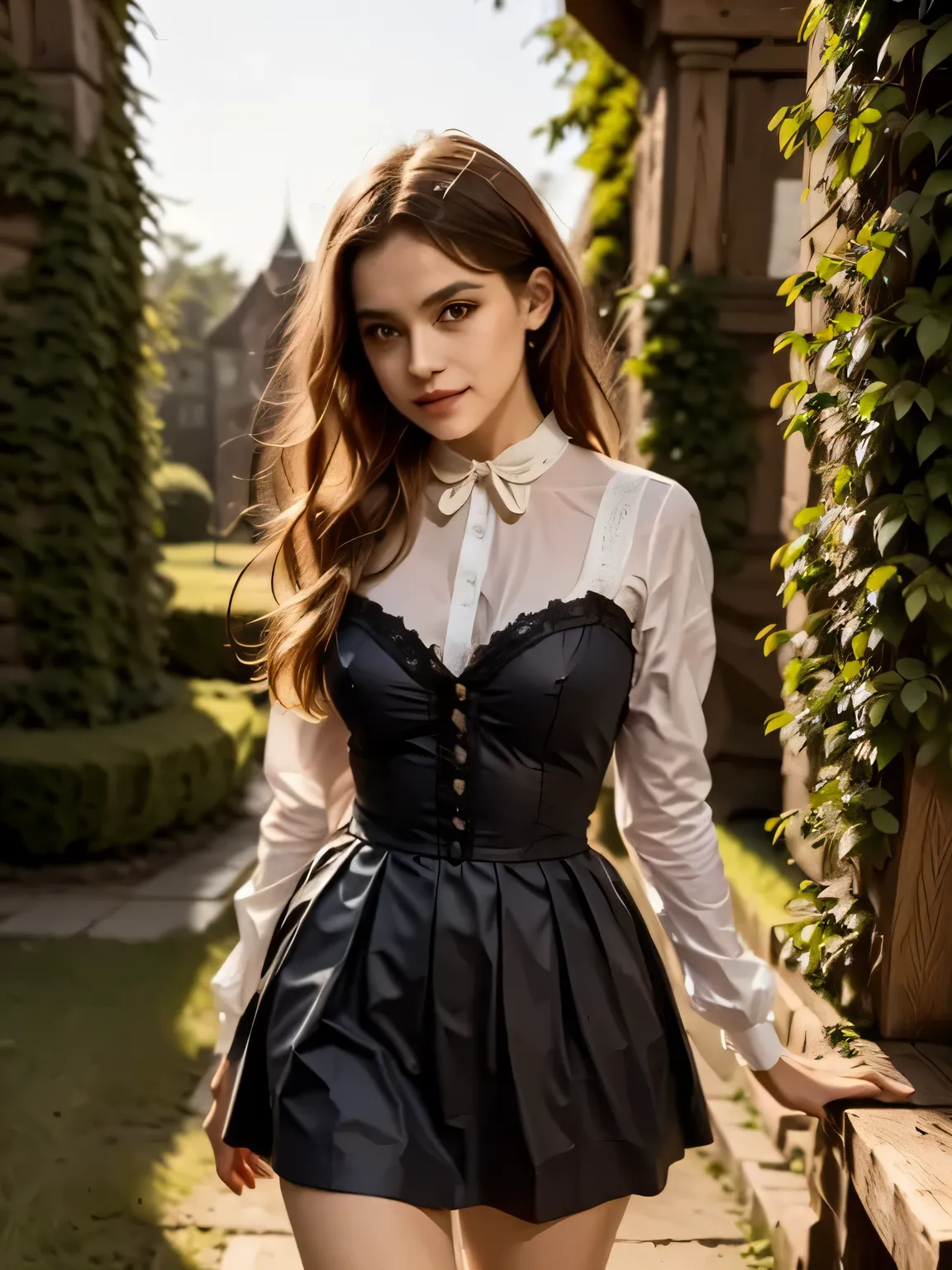 An enchanted landscape with a mysterious forest, illuminated by a magical light that filters through the trees. In the center, an ancient castle shrouded in a light mist, with intricate details such as towers, gothic windows and a drawbridge. Magical creat...