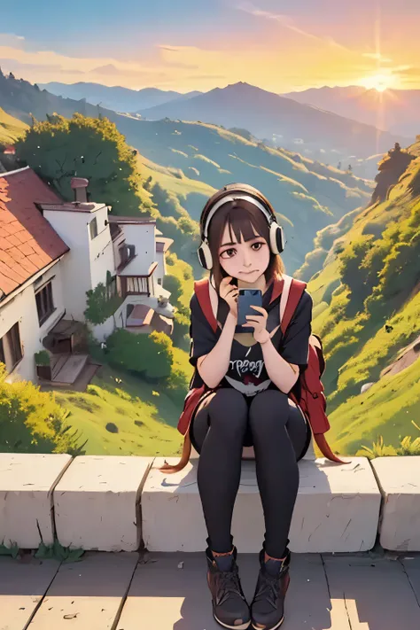 A group of young people at the top of a panoramic tower look out over the city that stretches to the horizon. It is sunset: the sky is an explosion of warm colors—shades of red, orange, and purple. The scene is shot with a wide-angle shot from above, so th...