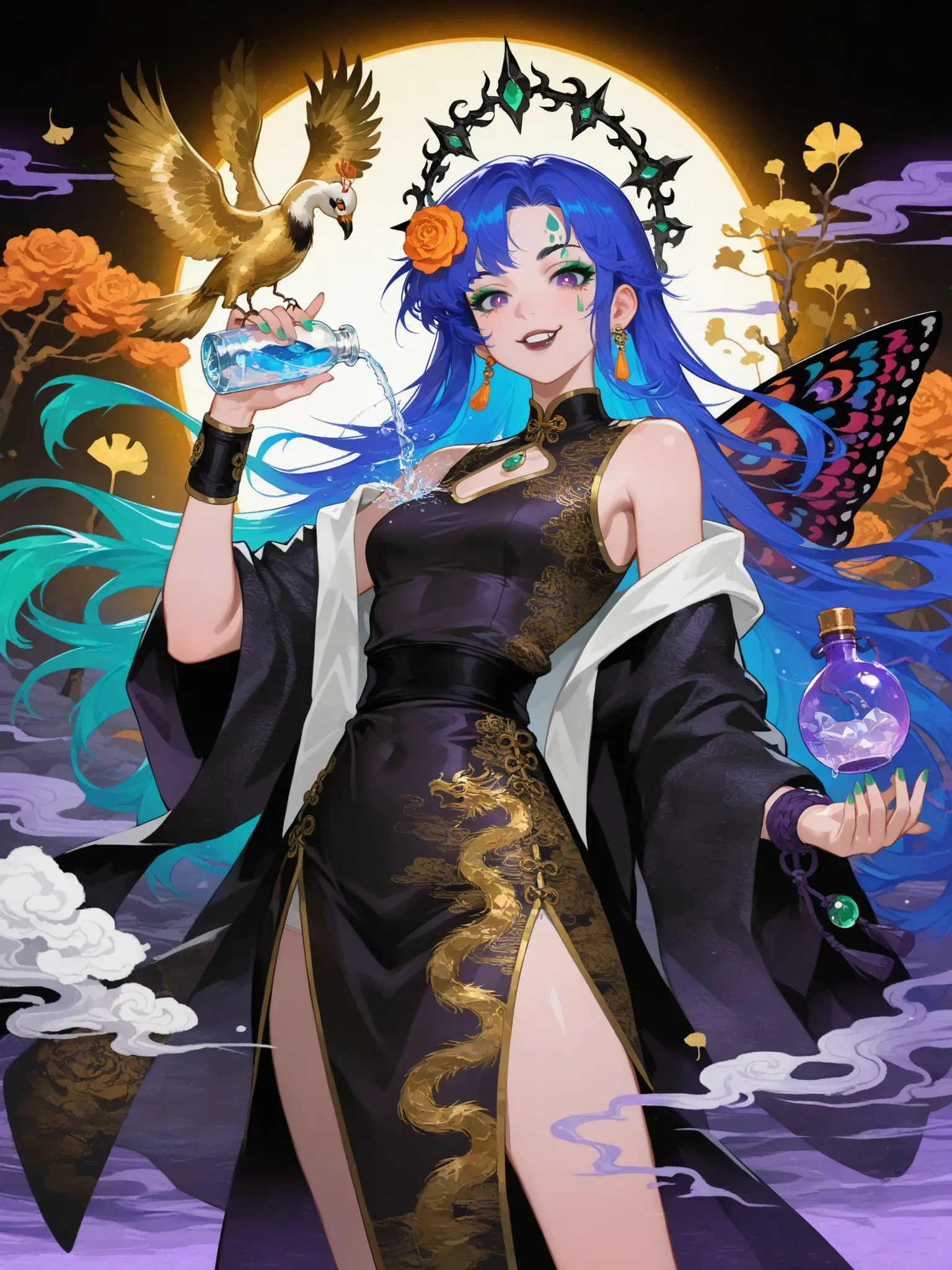PandaGuochao, Ancient style illustrations， Delicate and smooth brushstrokes， Sharp and clear lines，Strong contrast between light and dark，Ultra HD quality，Silk drape，Gold-plated silver and gold-plated high-end texture，Purple light waves flowing in the doub...