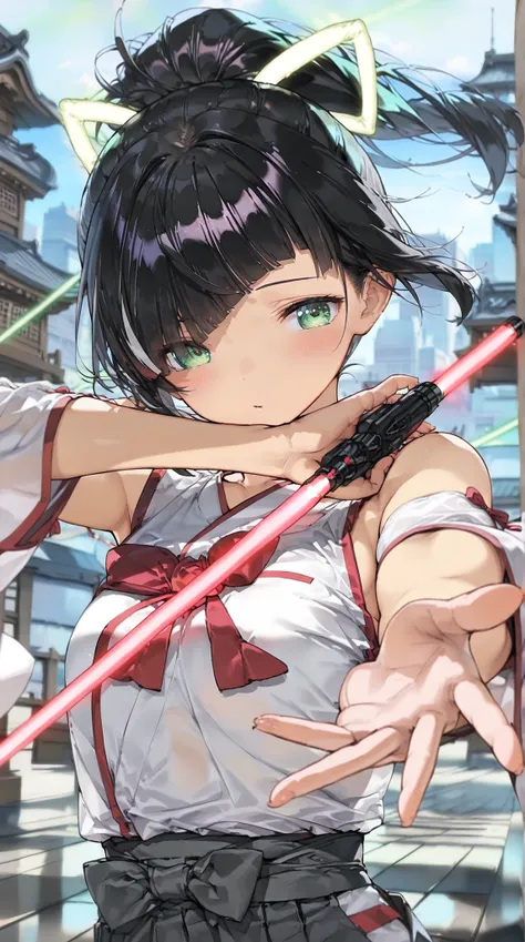 Battle Shrine Maiden(high resolution masterpiece, high resolution, High Accuracy in Selection, high resolution, top quality:1.2) (Cook Hold Subjective(masterpiece:1.5)super definition, high resolution, 8k) middle ponytail, diagonal bangs, hair covering eye...
