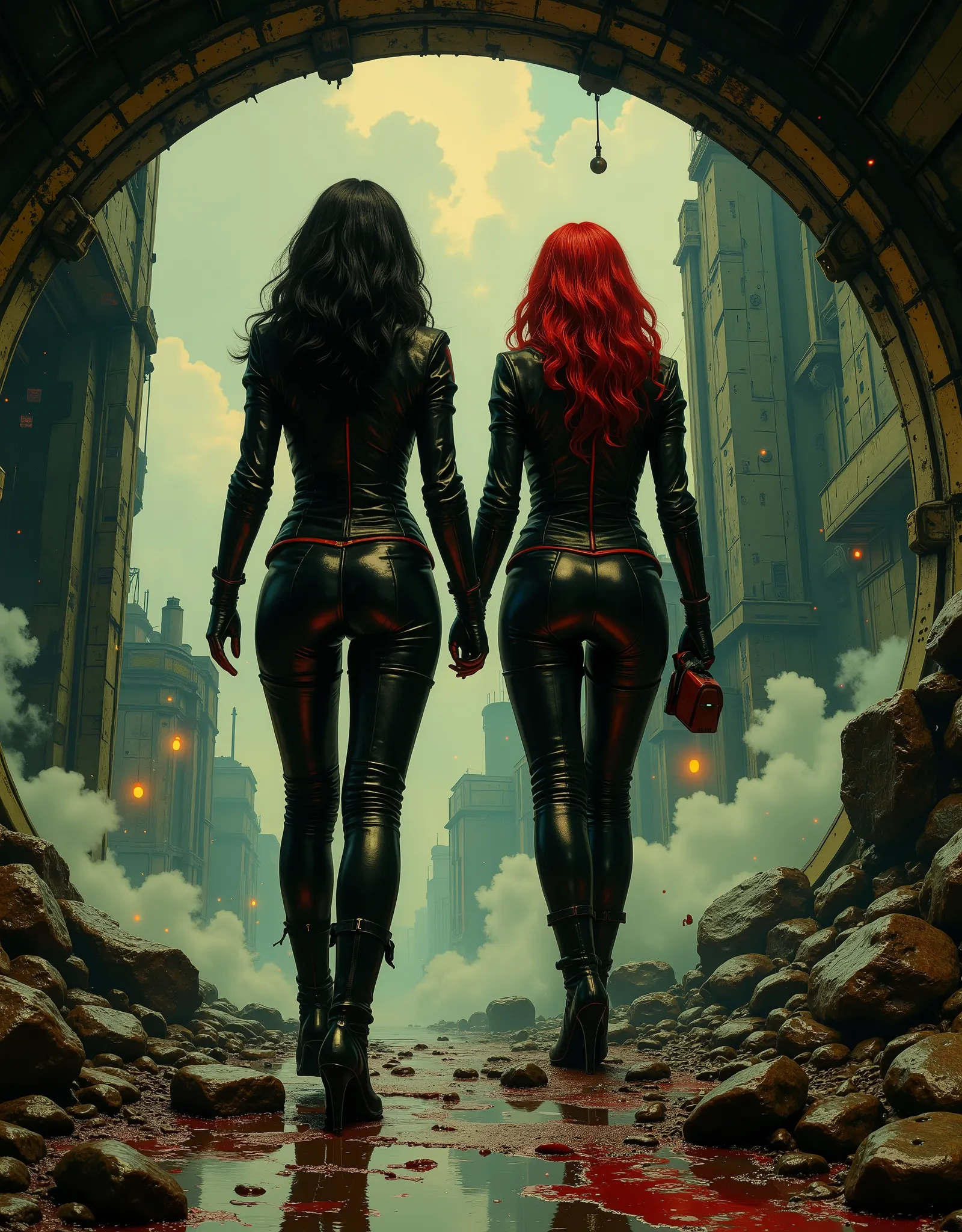 two space girls stepping off a spaceship on to an alien world, dressed like Italian sci-fi girls from the '60s, black leather space suits, red trim, and zippers, tight, revealing, the planet is shrouded in fog and lit like the Mario Bava film Planet of the...