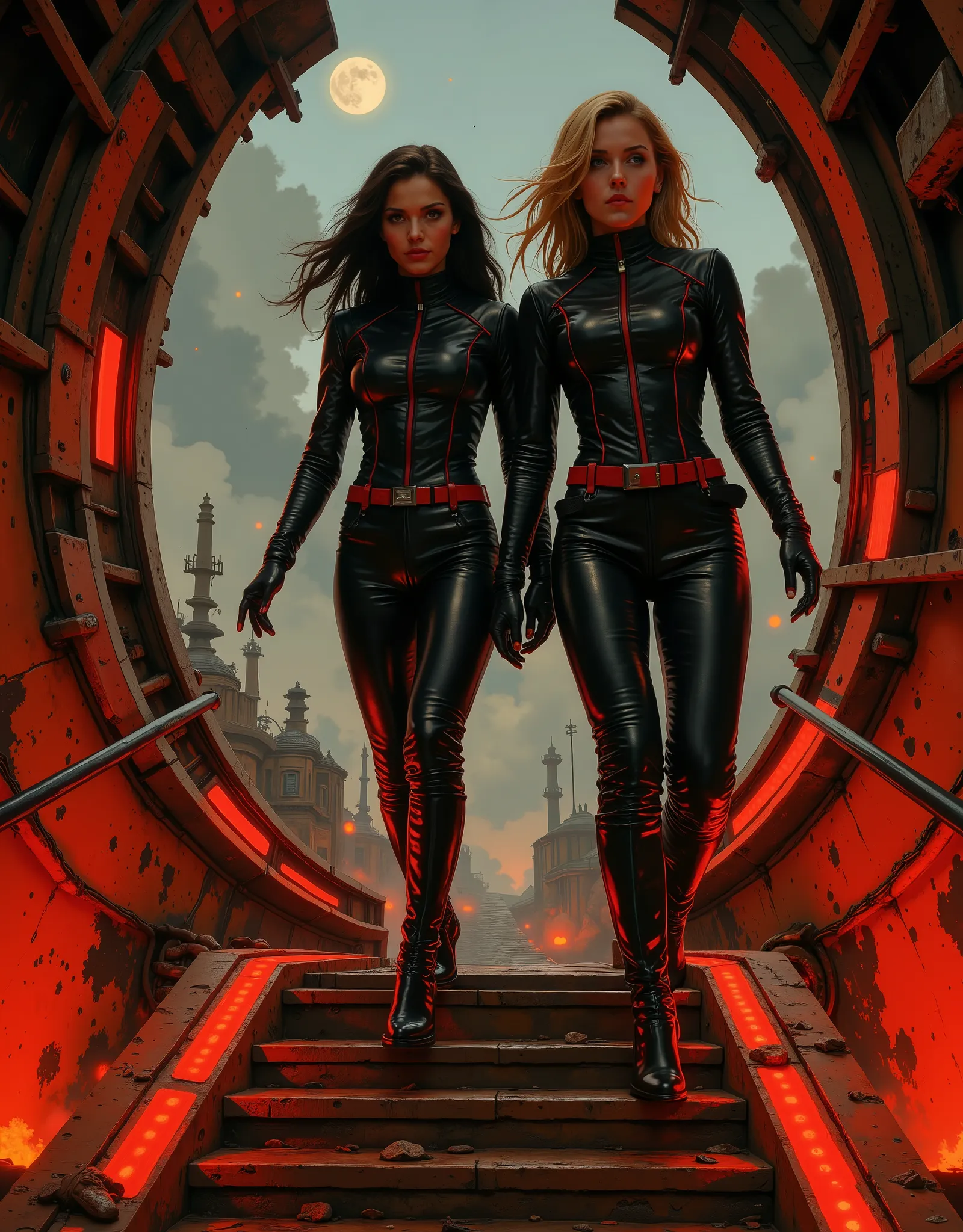 two space girls stepping off a spaceship on to an alien world, dressed like Italian sci-fi girls from the '60s, black leather space suits, red trim, and zippers, tight, revealing, the planet is shrouded in fog and lit like the Mario Bava film Planet of the...