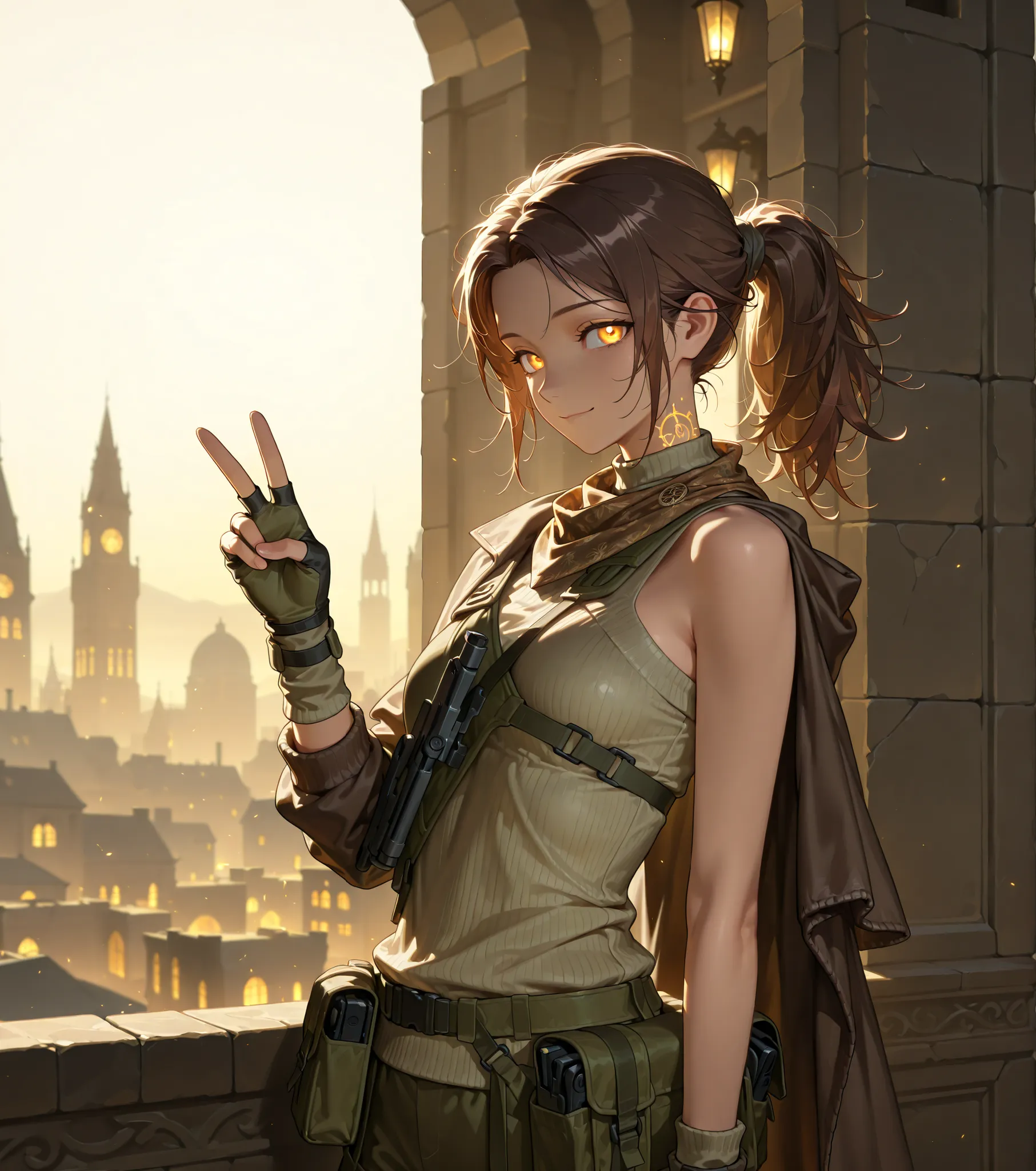 backlighting, warm lighting, scenery, accented lights, 1girl, solo, A medium shot of a young adult loking at the viewer, soldier wearing Nano Combat Suit, private military company, bright soft smile, amber eyes, dark brown hair, parted hair, messy hair, po...