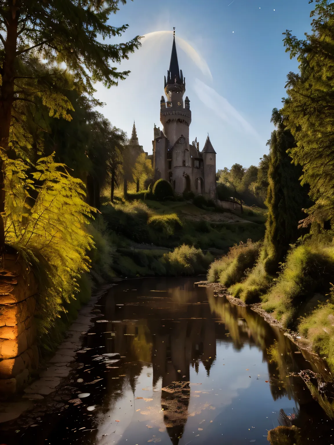 An enchanted landscape with a mysterious forest, illuminated by a magical light that filters through the trees. In the center, an ancient castle shrouded in a light mist, with intricate details such as towers, gothic windows and a drawbridge. Magical creat...