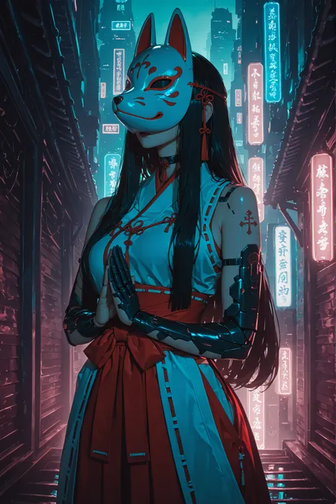 Cyberpunk background,A Cyber Japanese Miko,Miko dress(Sleeveless),Pray with hands together,Fox mask,black long hair,Taoist talismans in the air,Standing on the Roof,At midnight,SOLO,cowboy shot,UHD, masterpiece, anatomically correct, textured skin, super d...