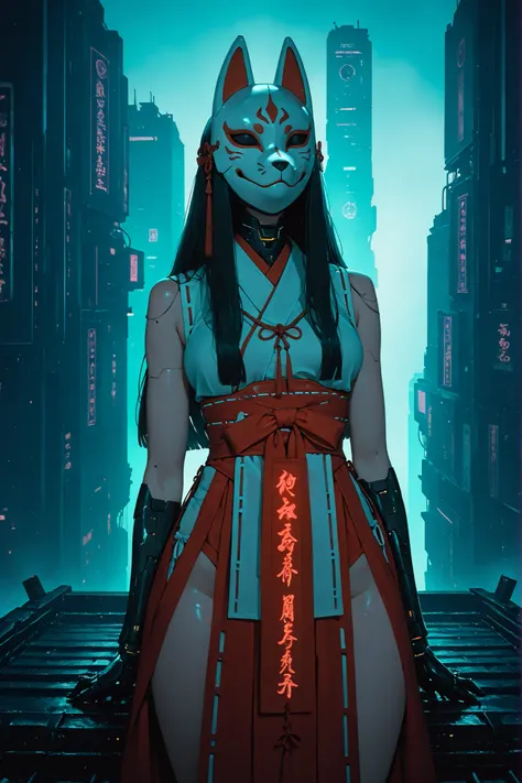 Cyberpunk background,A Cyber Japanese Miko,Miko dress(Sleeveless),Fox mask,black long hair,Taoist talismans in the air,Standing on the Roof,At midnight,SOLO,cowboy shot,UHD, masterpiece, anatomically correct, textured skin, super detail, best quality, high...