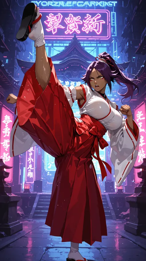 Yoruichi Shihōin, dark purple hair, high ponytail , yellow eyes, dark skin, Japanese sandal, kick, leg up, traditional shrine maiden outfit, white haori, red hakama skirt, big breasts, puffy shoulders, long sleeves, short white socks, sexy, slit, white sle...