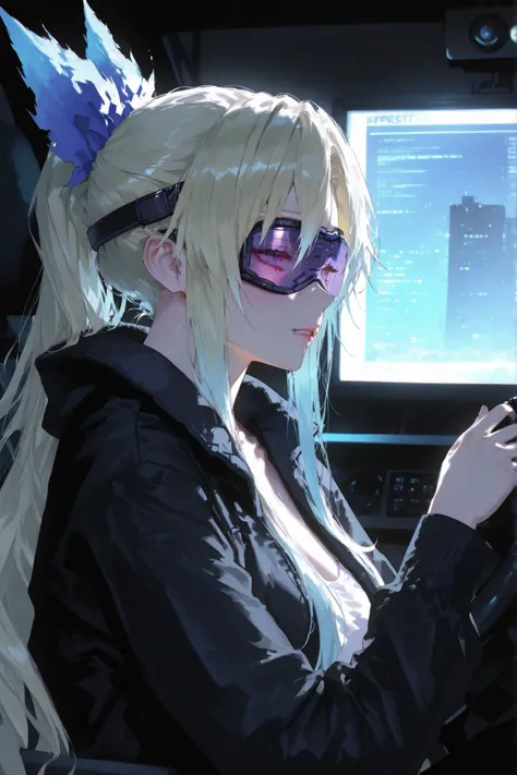 (Pristis:Myungil Ark illustration)(long hair)(Internet cyber goggles)(Sense of balance)(High definition)(HDR)(4K)Pristis:Myungil Ark portrait,long hair,Internet cyber goggles,Sense of balance,Detailed description ,High definition,HDR,4K,cyberpunk,Photograp...