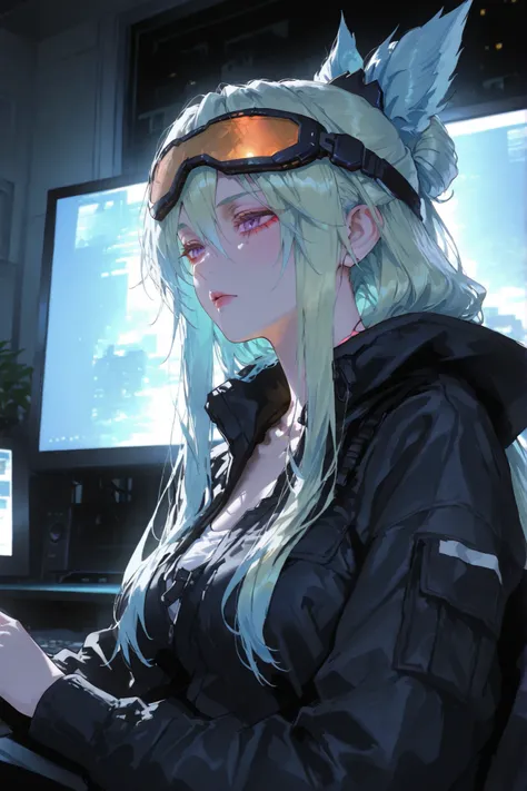 (Pristis:Myungil Ark illustration)(long hair)(Internet cyber goggles)(Sense of balance)(High definition)(HDR)(4K)Pristis:Myungil Ark portrait,long hair,Internet cyber goggles,Sense of balance,Detailed description ,High definition,HDR,4K,cyberpunk,Photograp...