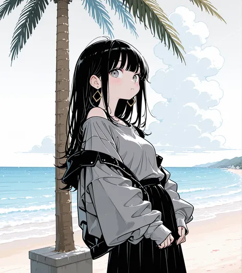 1girl, solo, black_hair, skirt, jacket, long_hair, simple_background, black_skirt, shirt, blush, closed_mouth, looking_at_viewer, jewelry, long_sleeves, grey_shirt, grey_background, grey_eyes, artist_name, bangs, earrings, off_shoulder, white_background, s...