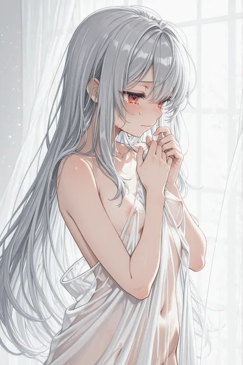 Female silver hair Red Eyes Long hair small breasts full nude I'm wearing a plain, translucent, sleeveless white robe hide your chest with your hands tears