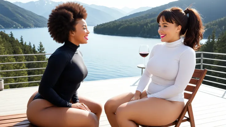 TerraceWA, lake, sky, mountains, Wooden floor, 1girl, black woman with large round afro and cousi_MIT are standing side by side, barefoot. They are each sitting on their own lounge chair and talking. large round afro, dark skin, is wearing her white tight ...