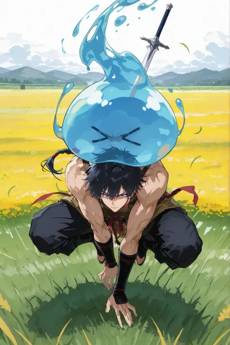 field, slime seen in the distance, man:warrior, Wearing a knife, jumping pose while wearing a sword, Scattered hair, tough, combative, illustration, anime,