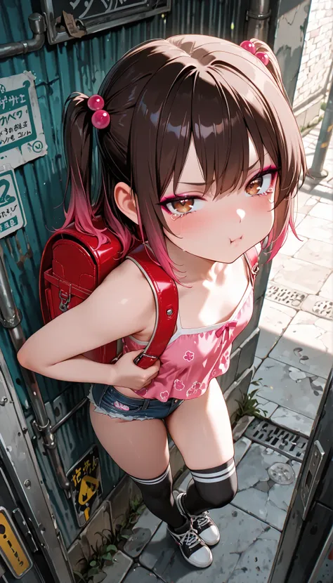 (masterpiece:1.3), 8K, best quality, ultra high resolution, (1 mesugaki girl), An anime girl with a mischievous expression, pout , tears , The background is a back alley, Prostitution, She has short brown hair with pink tips, two side up, Beautiful brown e...