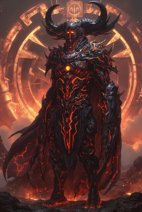 neon colored, (photos realistic:1.7), A hellish inferno-armored warrior standing tall in a surreal realm, covered in sleek black and crimson bio-mechanical armor, glowing with pulsating magma-like veins, a menacing horned helmet obscuring its face, blazing...