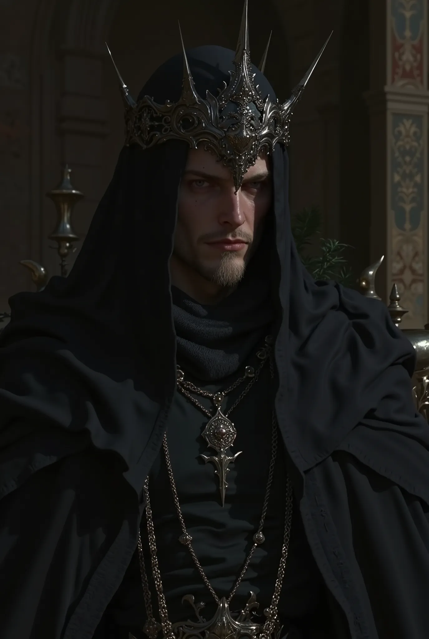 ((masterpiece)), ((top quality:1.2)), high definition, 8 k, (ultra_realistic:1.3), (photorealistic:1.4), Incredibly attractive, muscular man, dark warlock king, height 190, On it ((long, a deep hood made of thick fabric , , completely covering his head an...
