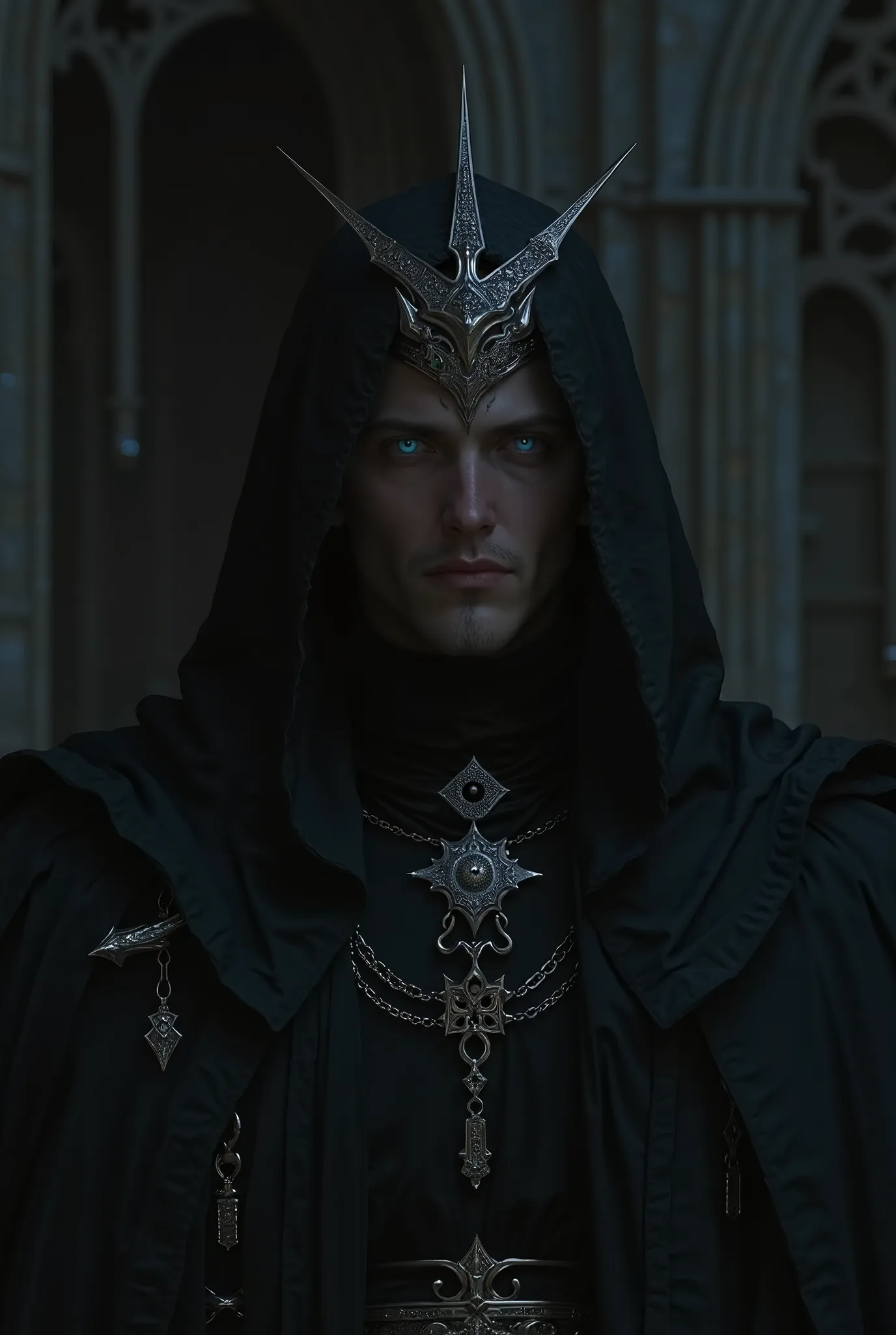 ((masterpiece)), ((top quality:1.2)), high definition, 8 k, (ultra_realistic:1.3), (photorealistic:1.4), Incredibly attractive, muscular man, dark warlock king, height 190, On it ((long, a deep hood made of thick fabric , , completely covering his head an...