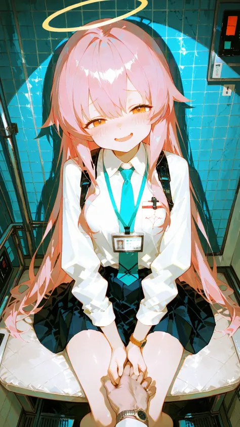 Refined Realistic Style（0.8）, Master Level, EXTREME DETAILS ,professional grade post-treatment,Masterpiece,anime style（1.2）,best quality,High Resolution,8K,source_anime，smooth quality，Alone，Hepatitis，pink hair，skirt，long hair，tie，Ahog，shirt，Halo，Grid裙， blu...