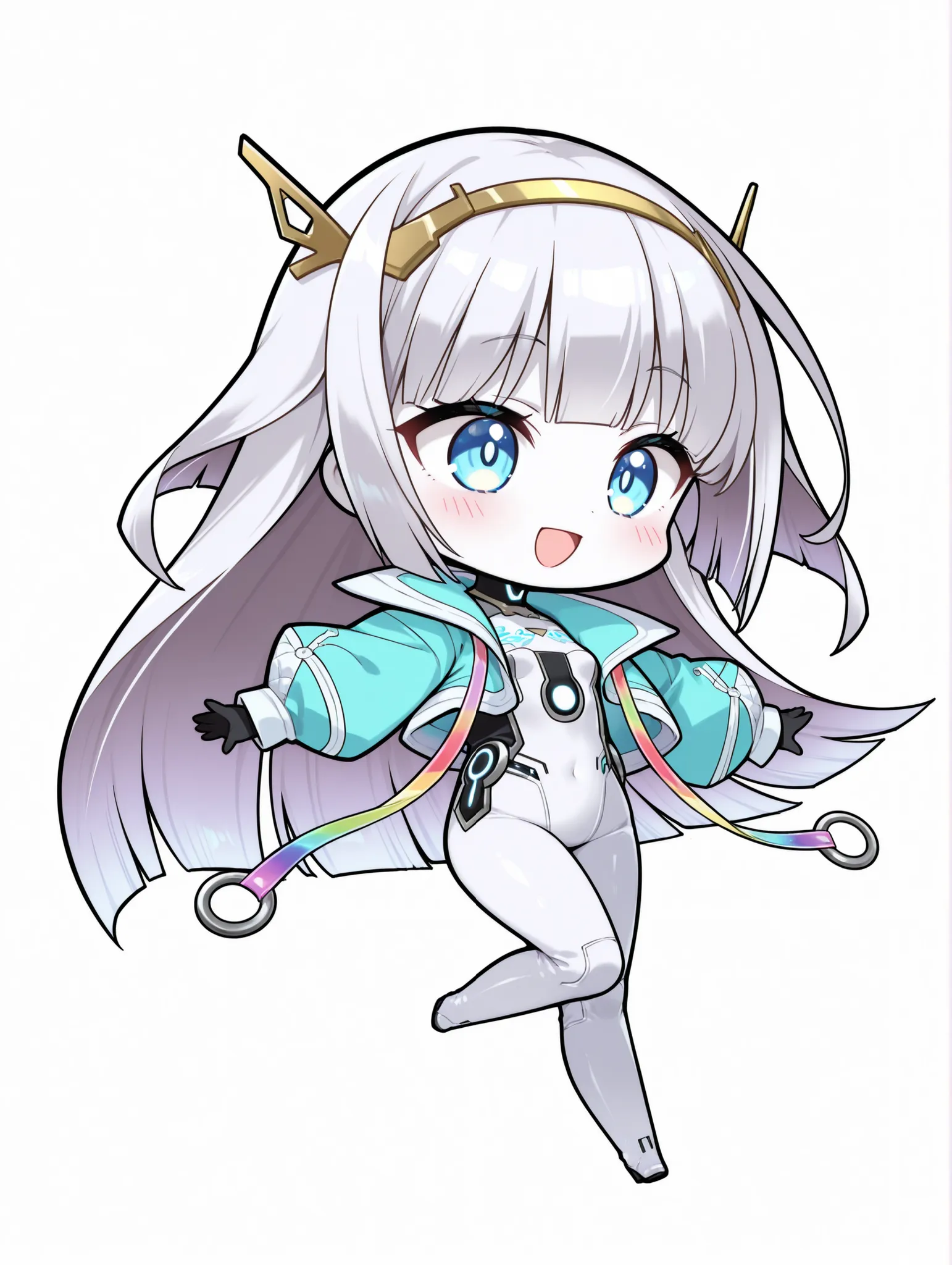 score_9, score_8_up, score_7_up, score_6_up, score_5_up, score_4_up, 最High Quality, masterpiece, Super Detailed, High Quality,

1girl, solo, 

Eudie_SDV, 

white skin, blue eyes, silver hair, long hair, 

white body suit, jacket, black glove, rainbow ribbo...