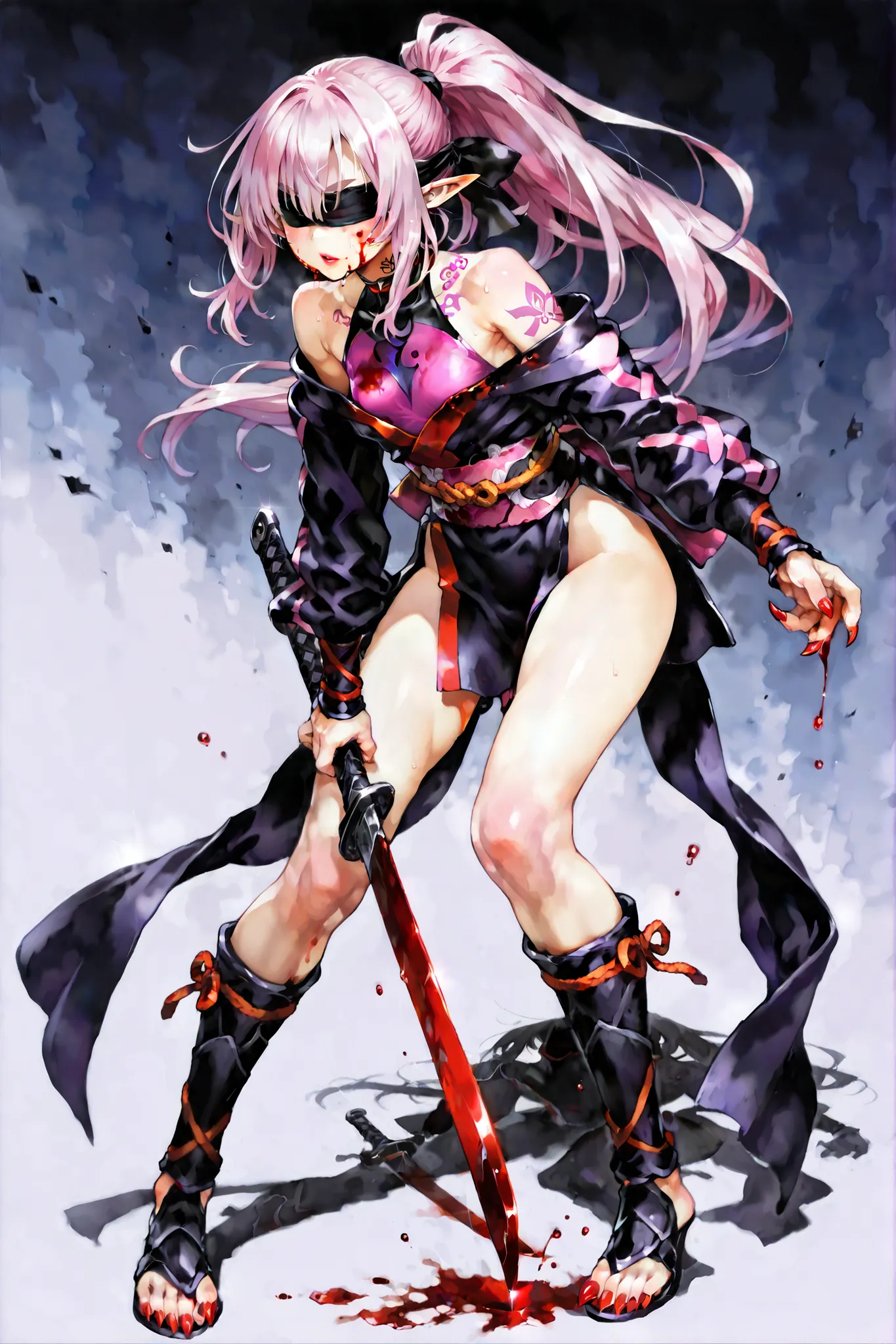 full body, dynamic pose, Dim lighting,((solo、petite girl getting her knees、Ninja、Ninja、Ninja服、Ninja costume、bare skin shoulders、hiding half of the face with a black blindfold、cover both eyes with blindfolds、Long sleeve、Pink Long Hair、ponytail、Hair between ...