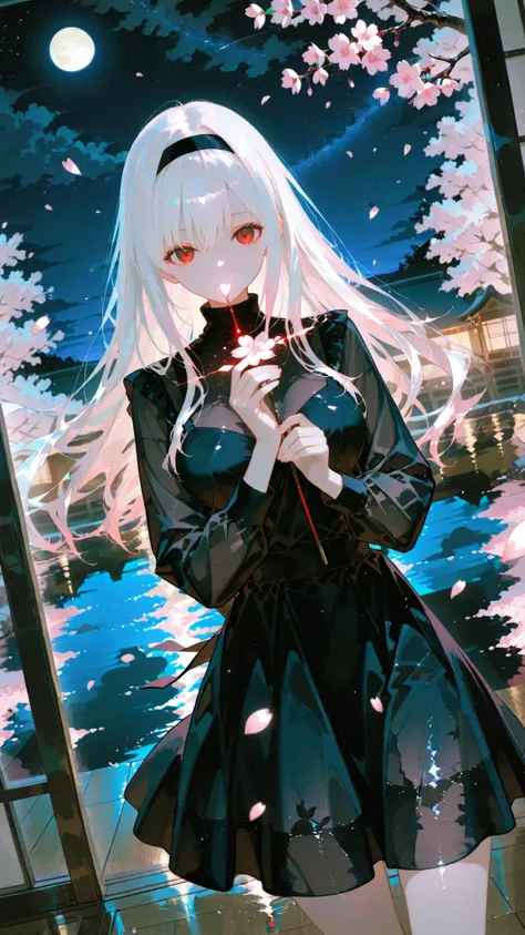 Refined Realistic Style（0.8）, Master Level, EXTREME DETAILS ,professional grade post-treatment,Masterpiece,anime style（1.2）,best quality,High Resolution,8K,source_anime， Sakura, We Are, Sakura_We Are, long hair, red eyes, white hair, hair band, red clear e...