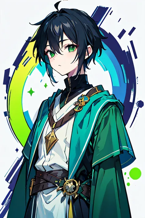 young man, 1 man, black hair, inner color, green, wizard-like clothes, cool man, small icon