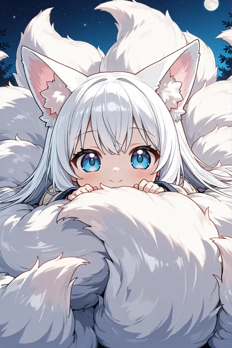 ((Masterpiece)),((best quality)),((incredibly absurdres)),((8K)),(anime style), 
 1 (chibi girl),(anime chibi),solo,white hair,long hair,straight hair,blue eyes, face,cute,kawaii,(white fox tail),(white fox ears),white ear hair,pink inner ear,
a chibi fox ...