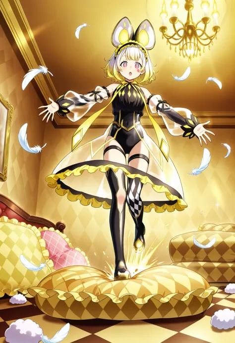 (score_9:0.9),score_8_up,score_7_up,negative_hand, realistic,warm color,malice pawn dormouse, red argyle facial mark,fake mouse ears, asymmetrical thigh boots, frilled hairband, see-through skirt, outstretched arms, black leotard, see-through sleeves, yell...