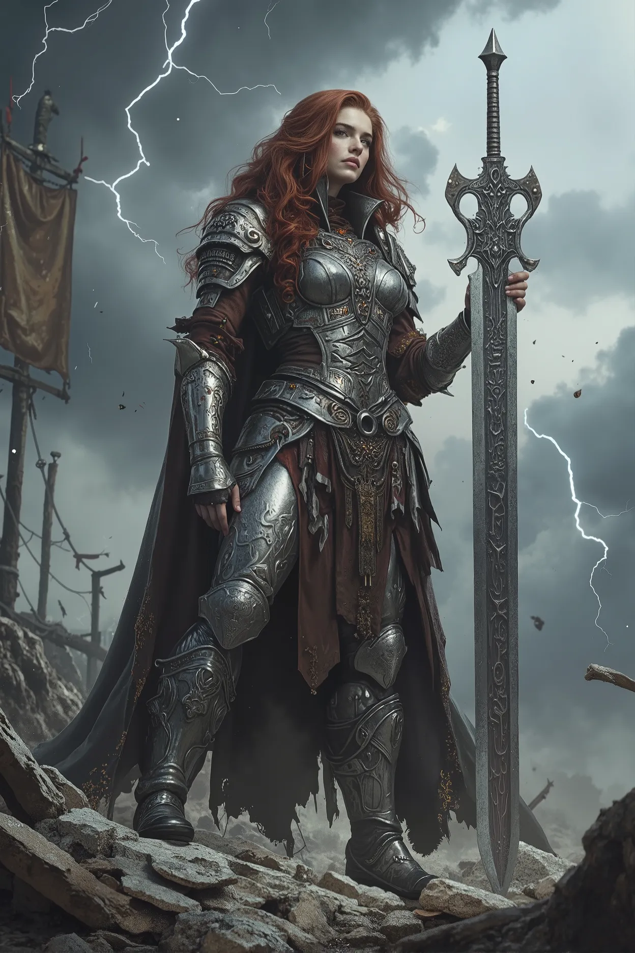 (best quality,4k,8k,highres,masterpiece:1.2), ultra-detailed, (realistic,photorealistic,photo-realistic:1.37),A powerful and fearless female warrior standing amidst a battlefield under stormy skies. Her silver armor is adorned with ancient runes and dragon...