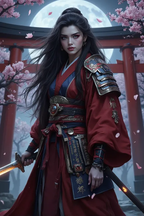 (best quality,4k,8k,highres,masterpiece:1.2), ultra-detailed, (realistic,photorealistic,photo-realistic:1.37), A fearless Japanese female warrior in traditional crimson and indigo battle kimono reinforced with ornate samurai armor. She wields a glowing kat...